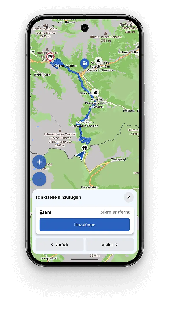 Screenshot of the Kurviger app navigation, showing the option to easily search for petrol stations along the route and add them as waypoints.